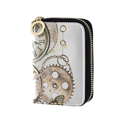 CreditCardHolderCase Steam Punk Acuarela Ilustración Flores Silvestres Llaves CardMoneyHolder Cuero PU Zip-Around Tamaño Compacto MiniCreditCardMonedero para Mujeres Damas niñas Cartera Minimalista