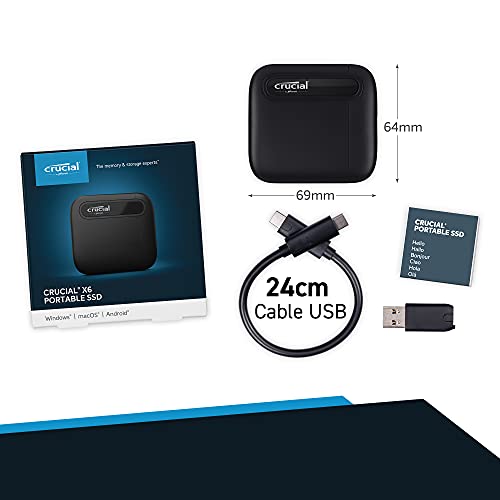 Crucial X6 1 TB SSD portátil – de hasta 540 MB/s – USB 3.2 – USB-C - CT1000X6SSD9 Unidad de estado sólido externa + USB-C to USB-A Adapter – CTUSBCFUSBAMAD