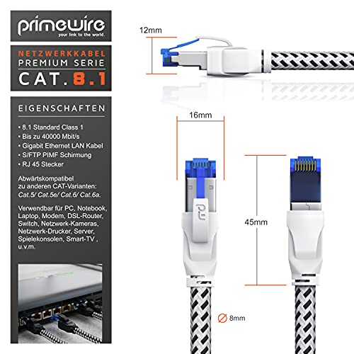 CSL - Cable de red CAT.8, 40 Gbits, 20 m, revestimiento de algodón, cable LAN, RJ45, cable de datos Cat8, Gigabit Ethernet, velocidad de 40000 Mbits, apantallamiento S/FTP PIMF, color blanco