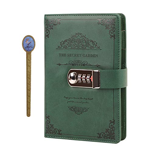 Cuaderno con diseño retro de libro de magia, páginas a color, candado con código, para notas, viajes, proyectos, color verde