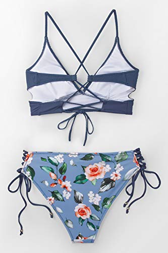 CUPSHE Conjunto de Bikini Push-up Estampado Floral Cuello en V Cordones Cruzados Dos Piezas,Azul,L