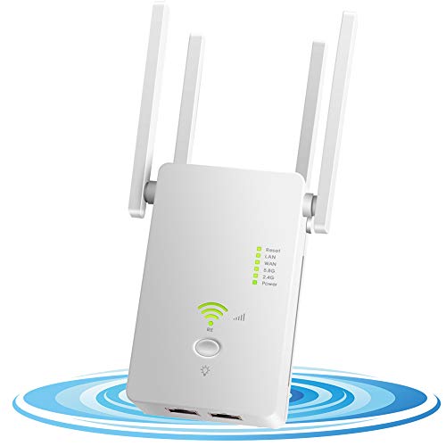 DCUKPST Repetidor WiFi 1200Mbps, Amplificador Señal WiFi 5G & 2.4G Extensor de Red WiFi Largo Alcance con Ap/Repeater/Router Modos, 4 Antenas Cobertura de Señal, 2 Puerto LAN/WAN, WPS