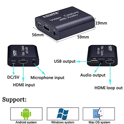 DDS-DUDES Tarjeta de captura de vídeo HDMI con entrada de micrófono de salida de audio, tarjeta de captura HDMI a salida USB 2.0 HD 4K 1080P vídeo para juegos, transmisión en vivo, grabación