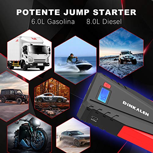 DINKALEN Arrancador de Coches, 12800mAh 800A Arrancador de Baterias de Coche (para 6.0L de Gasolina o 5.0L de Diesel), con Pantalla LCD, Carga Rápida QC3.0 y Type C (negro)