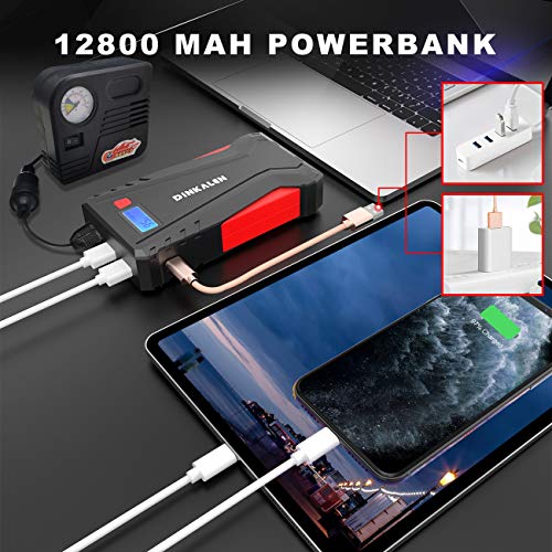 DINKALEN Arrancador de Coches, 12800mAh 800A Arrancador de Baterias de Coche (para 6.0L de Gasolina o 5.0L de Diesel), con Pantalla LCD, Carga Rápida QC3.0 y Type C (negro)