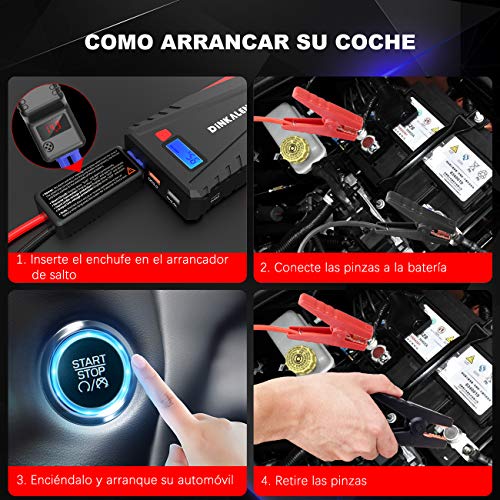 DINKALEN Arrancador de Coches, 12800mAh 800A Arrancador de Baterias de Coche (para 6.0L de Gasolina o 5.0L de Diesel), con Pantalla LCD, Carga Rápida QC3.0 y Type C (negro)