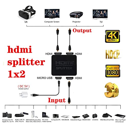 Divisor HDMI 1 en 2 Out,Yiany 4K 3D 1080P HDMI 2.0 Splitter para monitores duales, compatible con MacBook, Xbox, PS4, PS3, reproductor de Blu-Ray, DVD, HDTV