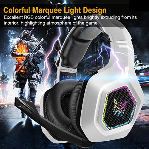 DIZA100 Auriculares para videojuegos para PS5, sonido envolvente de 3,5 mm, auriculares con cable con luz RGB y micrófono ajustable para PS4, PC, Xbox One