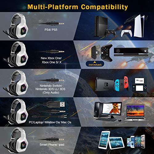 DIZA100 Auriculares para videojuegos para PS5, sonido envolvente de 3,5 mm, auriculares con cable con luz RGB y micrófono ajustable para PS4, PC, Xbox One