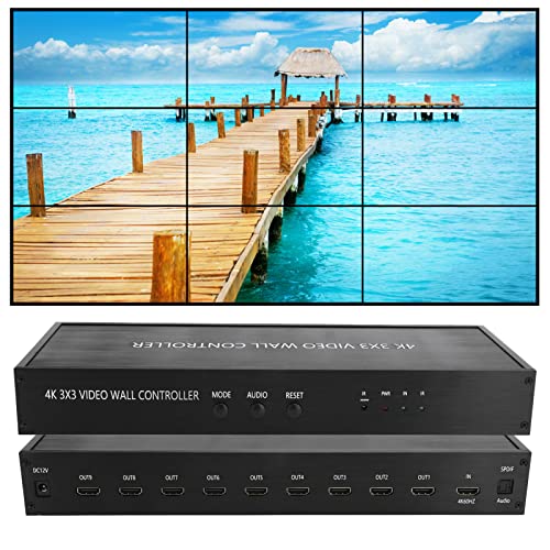 Dpofirs HDMI 3x3 Video Wall Controller de Alta Resolución, Procesador de Video e Imagenes 9 HDMI Salidas para Televisores, Controlador de Pared de Video, Admite 1920x1080P, Gran Pantalla(EU)