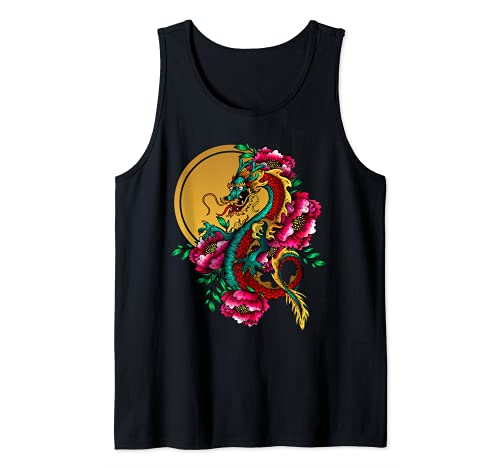 Dragón japonés Golden Sun Flor de loto Camiseta sin Mangas