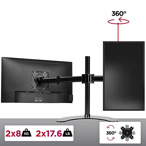 Duronic DM25D2 BK Soporte para 2 monitores de 13 a 27 Pulgadas para Monitor PC LCD LED con Brazo de 43cm y Base de pie de Apoyo Fija – Cabezal Giratorio e inclinable, Capacidad 8kg y Poste de 40cm