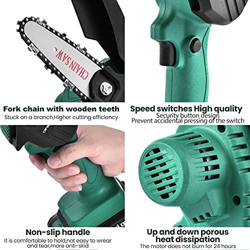 Eléctrica Mini Motosierra Sin Cable 2 Bateria,Portátil Inalámbrica Sierra Poda Recargable,Una Mano Operación Corte Jardín Madera​ y Árbol,2 Pila,4 Cadenas,Gafas de Protección,Cargador,Guantes