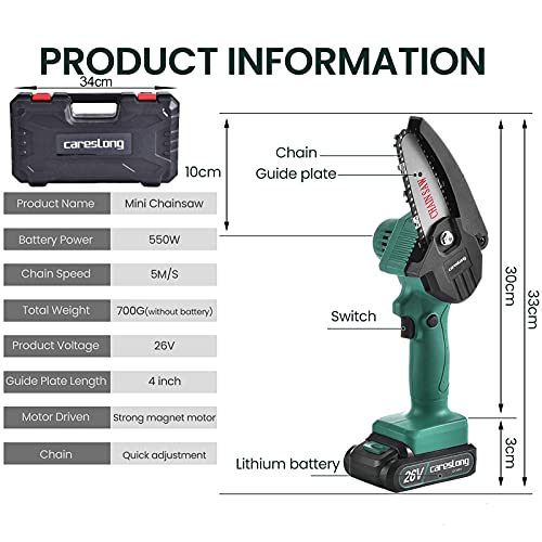 Eléctrica Mini Motosierra Sin Cable 2 Bateria,Portátil Inalámbrica Sierra Poda Recargable,Una Mano Operación Corte Jardín Madera​ y Árbol,2 Pila,4 Cadenas,Gafas de Protección,Cargador,Guantes