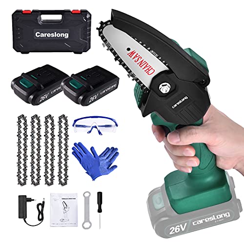 Eléctrica Mini Motosierra Sin Cable 2 Bateria,Portátil Inalámbrica Sierra Poda Recargable,Una Mano Operación Corte Jardín Madera​ y Árbol,2 Pila,4 Cadenas,Gafas de Protección,Cargador,Guantes