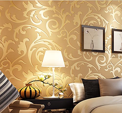 Embossed Wallpaper Roll, 3D Waterproof Leaf Pattern Wallpaper Fleece Wall Paper for Living Room Bedroom 0.53m(20.8")—10m(32.8') (Gold)