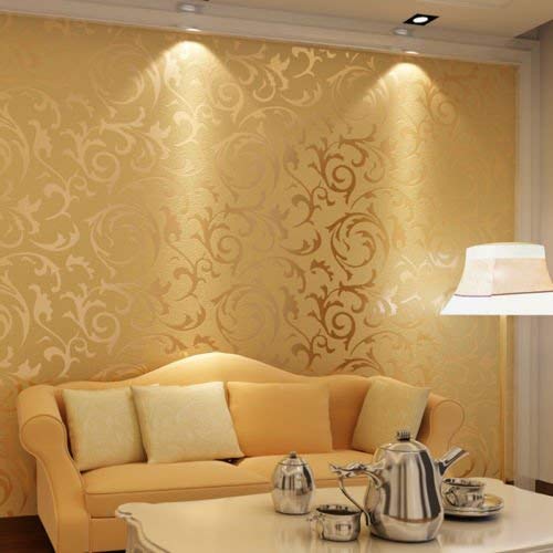 Embossed Wallpaper Roll, 3D Waterproof Leaf Pattern Wallpaper Fleece Wall Paper for Living Room Bedroom 0.53m(20.8")—10m(32.8') (Gold)