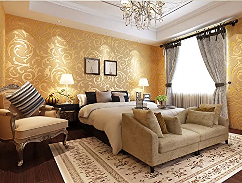 Embossed Wallpaper Roll, 3D Waterproof Leaf Pattern Wallpaper Fleece Wall Paper for Living Room Bedroom 0.53m(20.8")—10m(32.8') (Gold)