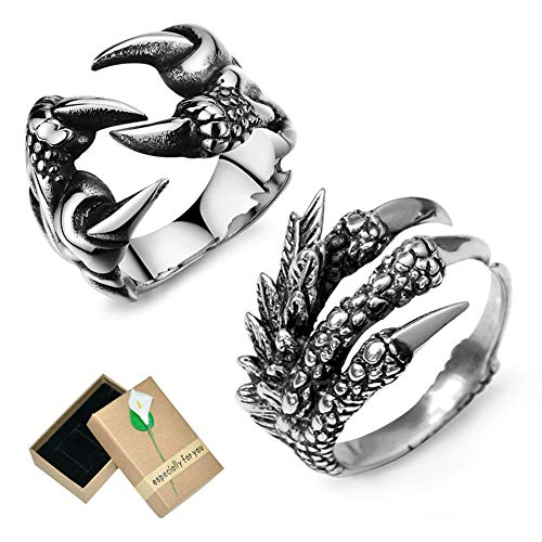 EQLEF Anillo Dragon Set, Anillo Gótico Ajustable Salvaje Alondra Open Punk Anillo de Regalo Anillo de Dragón Fresco para Hombres Mujeres (2 pcs) (C)