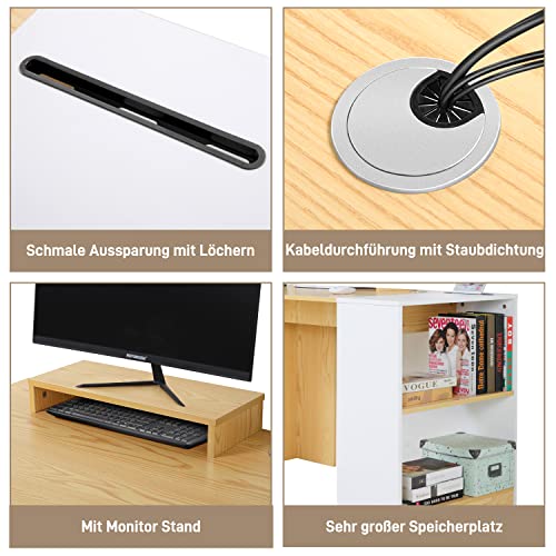 Escritorio de Oficina, EPLUS LIVING 118 x 60 x 76 cm Escritorio Juvenil Escritorio Blanco de Ordenador Mesa de Oficina Mesa Escritorio para Estudio Trabajo Gaming Carga 50 kg, Color Blanco y Madera