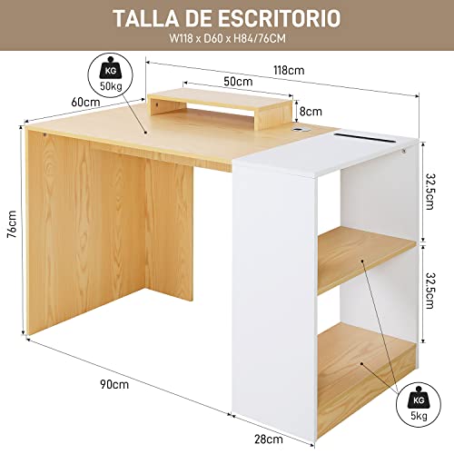Escritorio de Oficina, EPLUS LIVING 118 x 60 x 76 cm Escritorio Juvenil Escritorio Blanco de Ordenador Mesa de Oficina Mesa Escritorio para Estudio Trabajo Gaming Carga 50 kg, Color Blanco y Madera