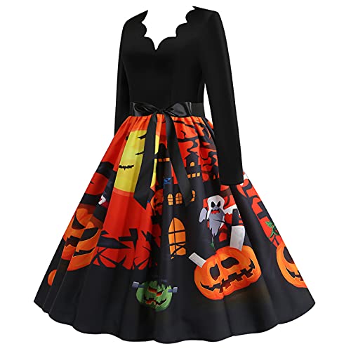 Esque Vestido de Halloween para Mujer, Estampado de Calavera, Vestido de Fiesta de Noche de ama de casa Vintage de los años 50 para Mujer, Minivestido Sencillo,Elegante, Falda,5-Naranja,S