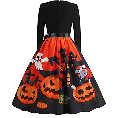 Esque Vestido de Halloween para Mujer, Estampado de Calavera, Vestido de Fiesta de Noche de ama de casa Vintage de los años 50 para Mujer, Minivestido Sencillo,Elegante, Falda,5-Naranja,S