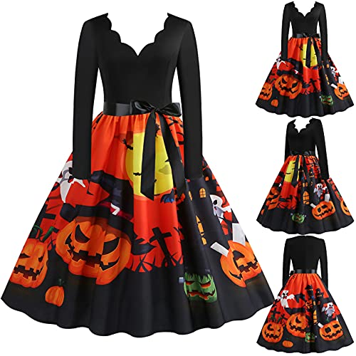 Esque Vestido de Halloween para Mujer, Estampado de Calavera, Vestido de Fiesta de Noche de ama de casa Vintage de los años 50 para Mujer, Minivestido Sencillo,Elegante, Falda,5-Naranja,S