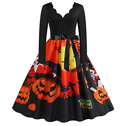Esque Vestido de Halloween para Mujer, Estampado de Calavera, Vestido de Fiesta de Noche de ama de casa Vintage de los años 50 para Mujer, Minivestido Sencillo,Elegante, Falda,5-Naranja,S