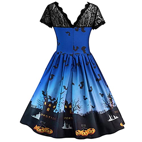 Esque Vestido de Halloween para Mujer, Manga Corta Estampada, Empalme de Encaje, Vestido de Fiesta de Noche de ama de casa de los años 50, Vestido Moderno Arrugas y Cordones,4-Sky Azul,XXL