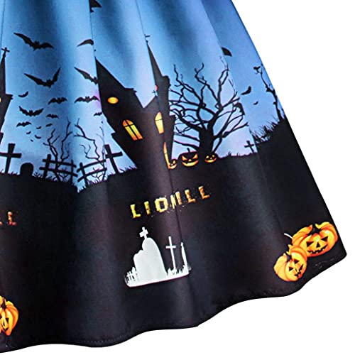 Esque Vestido de Halloween para Mujer, Manga Corta Estampada, Empalme de Encaje, Vestido de Fiesta de Noche de ama de casa de los años 50, Vestido Moderno Arrugas y Cordones,4-Sky Azul,XXL