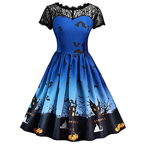 Esque Vestido de Halloween para Mujer, Manga Corta Estampada, Empalme de Encaje, Vestido de Fiesta de Noche de ama de casa de los años 50, Vestido Moderno Arrugas y Cordones,4-Sky Azul,XXL