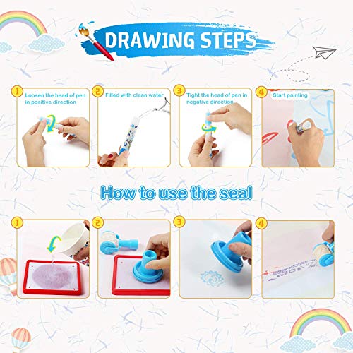 Fansteck Agua Dibujo Pintura,100x100 cm Alfombra de Agua Dibujo, Pizarra Mágica, Esteras de Agua Pintura. 3 Bolígrafos, 4 Plantillas, 4 Sellos, 1 Rueda. Juegos Juguetes Educativo para Niños 2+ años