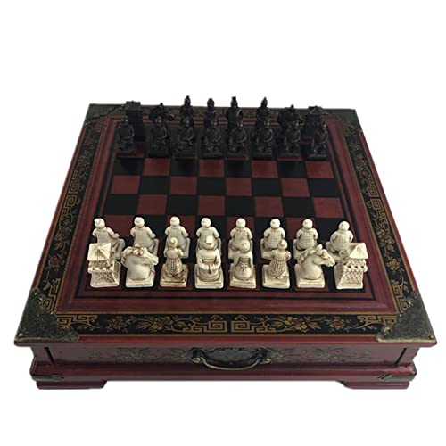 FTFTO Wood Chess Set Retro Terracotta Warriors Chess Wood Do Old Carving Resin Chessman Premium Gift Portable Chess Set