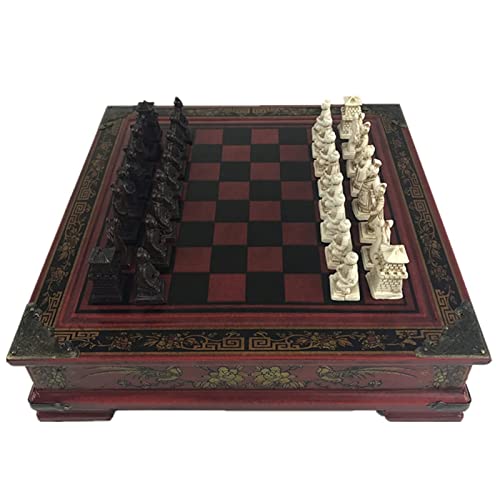 FTFTO Wood Chess Set Retro Terracotta Warriors Chess Wood Do Old Carving Resin Chessman Premium Gift Portable Chess Set