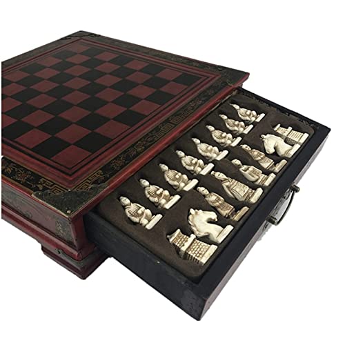 FTFTO Wood Chess Set Retro Terracotta Warriors Chess Wood Do Old Carving Resin Chessman Premium Gift Portable Chess Set