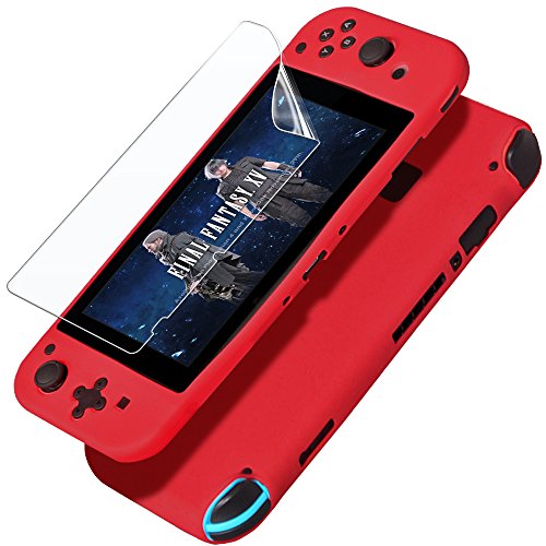 Funda de Silicona para Switch con 3 Protector de Pantalla, FineGood Protector Suave Anti-Deslizante Volver Funda con Anti-Scratch PelÃculas PET PelÃculas - Rojo