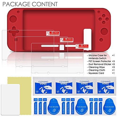 Funda de Silicona para Switch con 3 Protector de Pantalla, FineGood Protector Suave Anti-Deslizante Volver Funda con Anti-Scratch PelÃculas PET PelÃculas - Rojo
