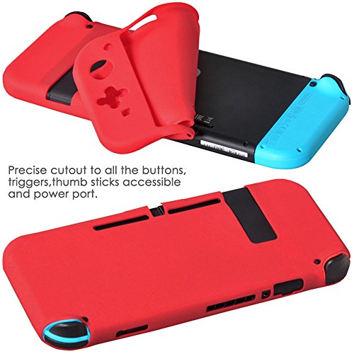 Funda de Silicona para Switch con 3 Protector de Pantalla, FineGood Protector Suave Anti-Deslizante Volver Funda con Anti-Scratch PelÃculas PET PelÃculas - Rojo