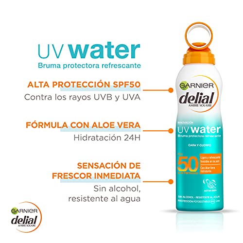 Garnier Delial UV Water Bruma Protectora Refrescante, Muy Alta Protección Solar para Cuerpo y Rostro IP50 - 200 ml