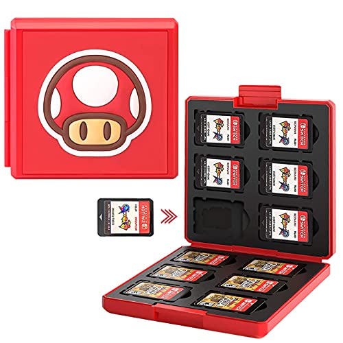 Genrics Funda de Juegos Compatible con Nintendo Switch con 12 Ranuras para Almacenamiento de Tarjetas de Juego y 12 Ranuras para Tarjetas SD, Estuche para Nintendo Switch Lite NS (Hongo Rojo)