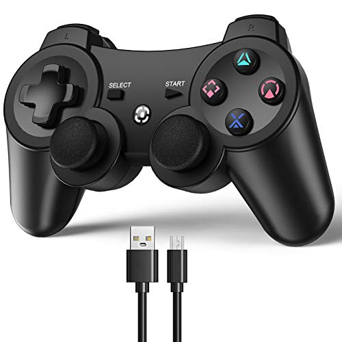 Gezimetie Mando Inalámbrico para PS3,Bluetooth Wireless Joystick para Playstation 3 con Doble Vibración/Giroscopio de 6 ejes Sensor de Movimiento/Rechargable(Negro)