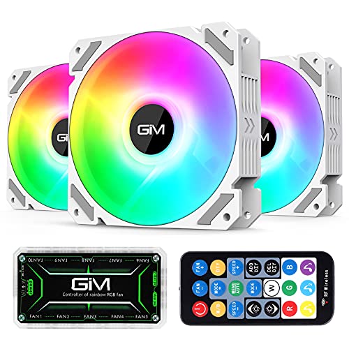 GIM KB-28 RGB Ventiladores de caja, paquete de 3 ventiladores enfriamiento silencioso de computadora de 120 mm para caja de PC, enfriador de velocidad de arco iris colorido ajustable con concentrador