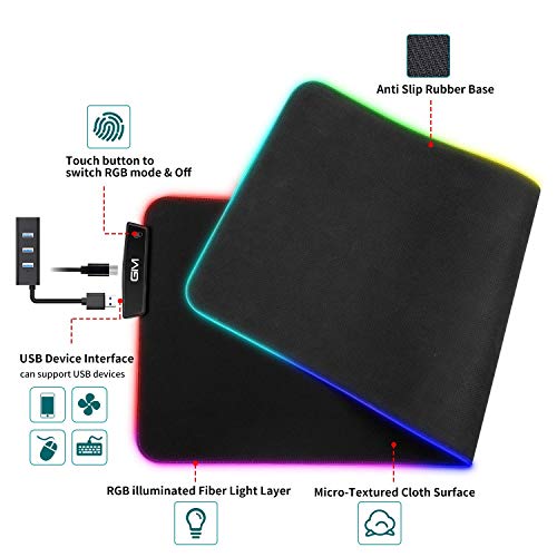 GIM RGB Alfombrilla Ratón Gaming LED XL 800 x 300 x 5 mm 14 modos de iluminación Entrada USB adicional para ratón, teclado o teléfono móvil