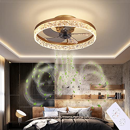 GJXJY 20" Round Flush Mount Ceiling Fan with Lights, LED Remote Control 3-Color Lighting 6 Wind Speeds, Invisible Blades Flush Mount Ceiling Light, Enclosed Metal Shell Low Profile Fan