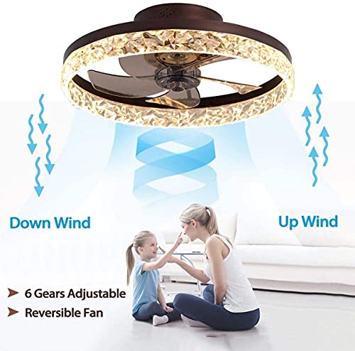 GJXJY 20" Round Flush Mount Ceiling Fan with Lights, LED Remote Control 3-Color Lighting 6 Wind Speeds, Invisible Blades Flush Mount Ceiling Light, Enclosed Metal Shell Low Profile Fan