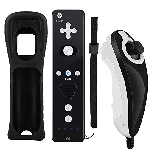 GN-010RN DB Unique Design Built-in Motion Plus Wireless Remote and Nunchuck Controller with Silicone Case & Wrist Strap for Nintendo Wii and Wii U (Design-B Black)