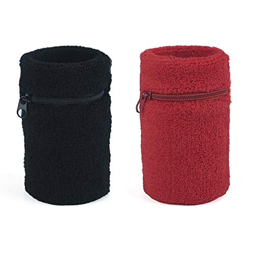 GOGO 2 pulseras con bolsillos con cremallera para la muñeca, cartera para el sudor, color negro y rojo