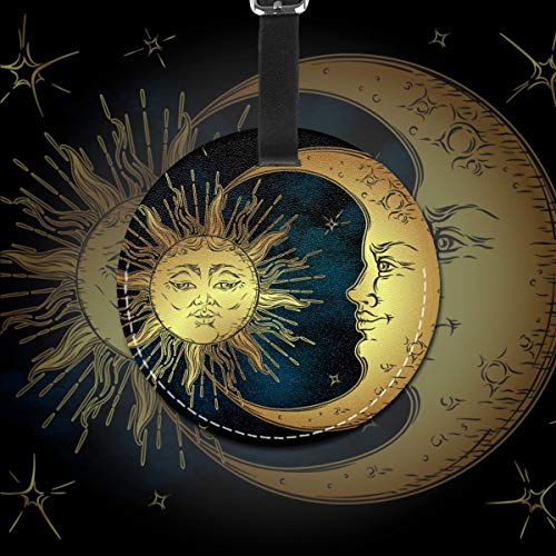 Golden Sun Moon and Stars - Juego de etiquetas para maleta de piel personalizada, accesorios de viaje, etiquetas redondas para equipaje Negro Negro 4 PCS