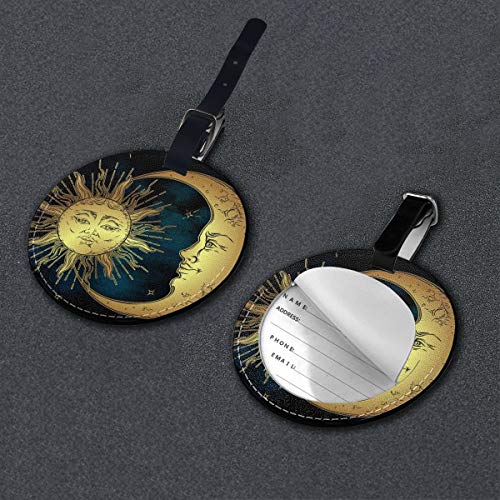 Golden Sun Moon and Stars - Juego de etiquetas para maleta de piel personalizada, accesorios de viaje, etiquetas redondas para equipaje Negro Negro 4 PCS